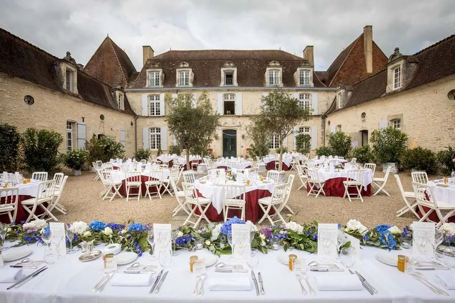 Wedding banquet tables at Château des Vigiers